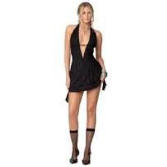 NWOT - Edikted Black Shredded Mini Dress with Plunge Neckline - Picture 2 of 11